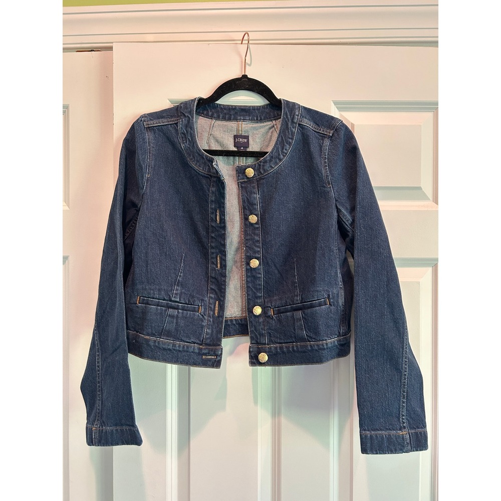 J.Crew Collarless Denim Lady Jacket Gold Button Dark Indigo Blue Size 4 - Picture 2 of 6